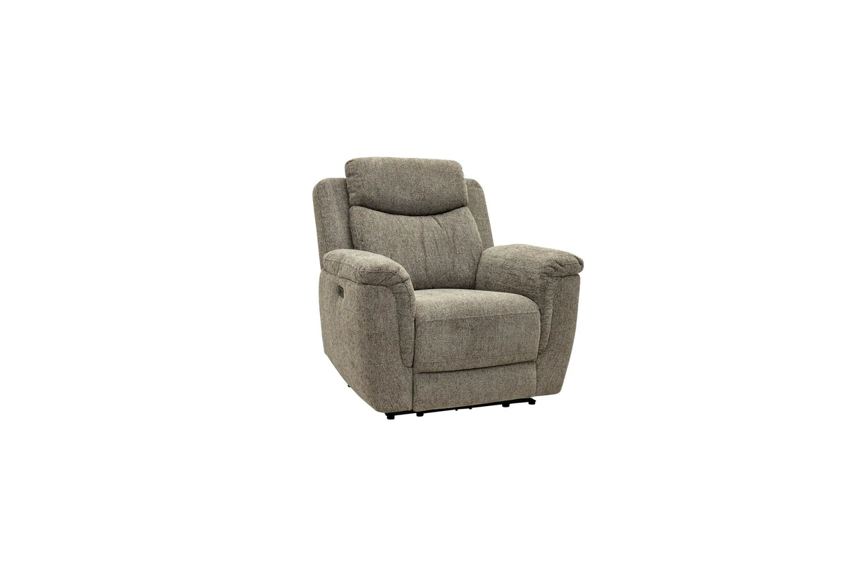 A gray upholstered recliner chair with a high back and wide armrests, shown on a plain white background.