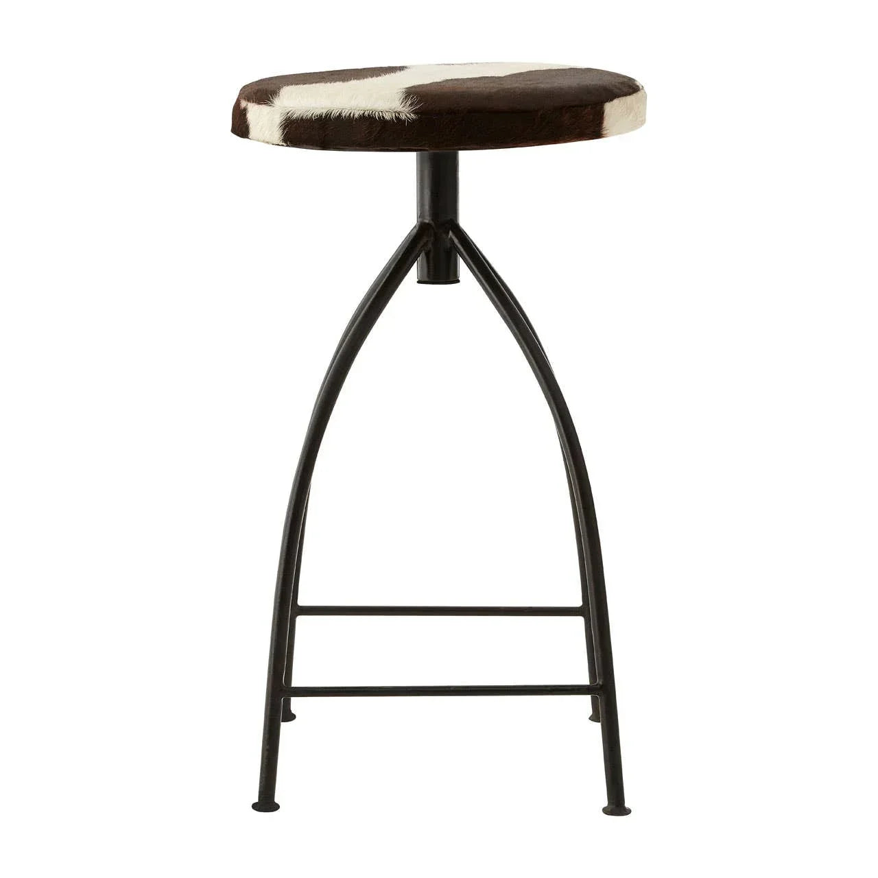 Industrial bar stool with black metal frame and cowhide seat, front view