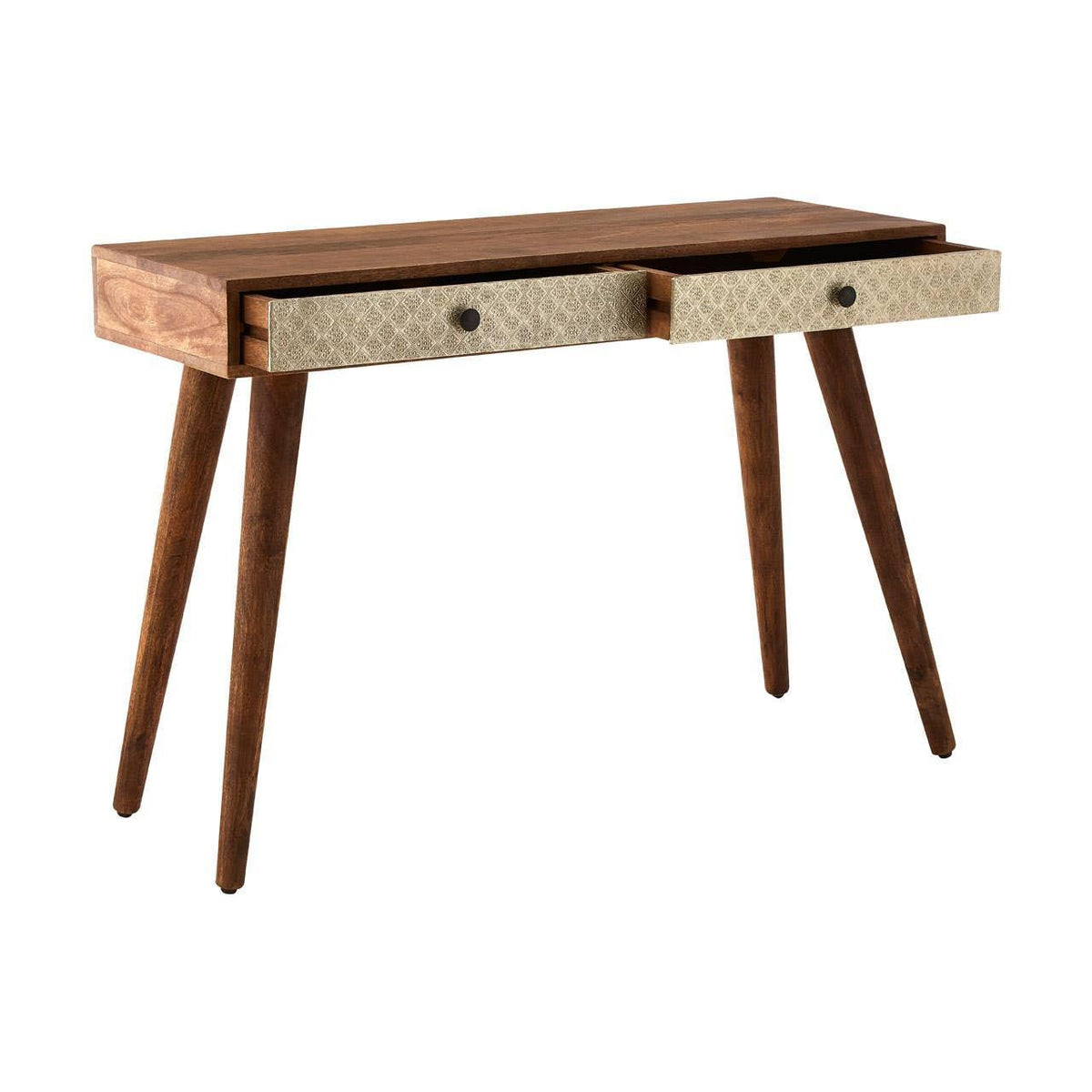 Mid-century wooden console table with two patterned drawers and angled legs