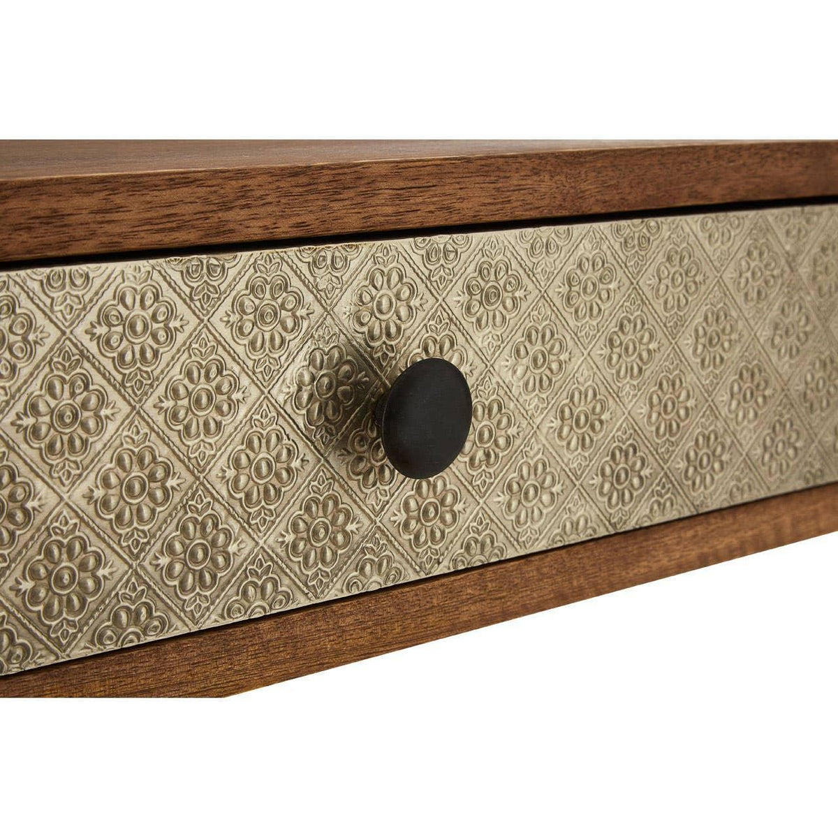 Wooden drawer with embossed metal front and round black handle, floral geometric pattern
