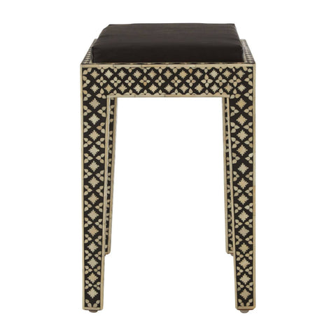A black stool featuring intricate mother of pearl inlay designs along the edges and legs, showcasing a geometric pattern. The stool has a simple, square top and four straight legs, emphasizing a bohemian aesthetic