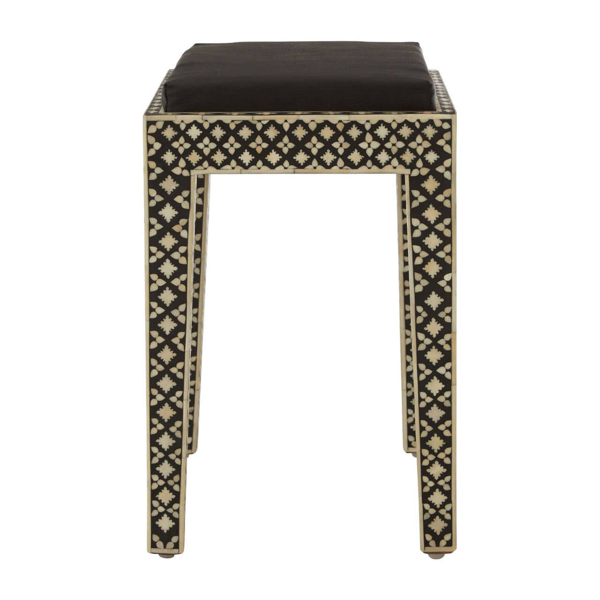 A black stool featuring intricate mother of pearl inlay designs along the edges and legs, showcasing a geometric pattern. The stool has a simple, square top and four straight legs, emphasizing a bohemian aesthetic