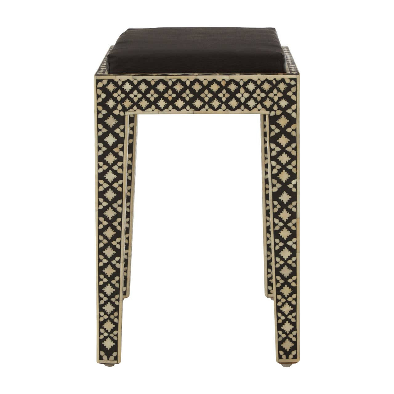 A black stool featuring intricate mother of pearl inlay designs along the edges and legs, showcasing a geometric pattern. The stool has a simple, square top and four straight legs, emphasizing a bohemian aesthetic