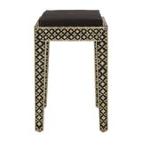 A black stool featuring intricate mother of pearl inlay designs along the edges and legs, showcasing a geometric pattern. The stool has a simple, square top and four straight legs, emphasizing a bohemian aesthetic