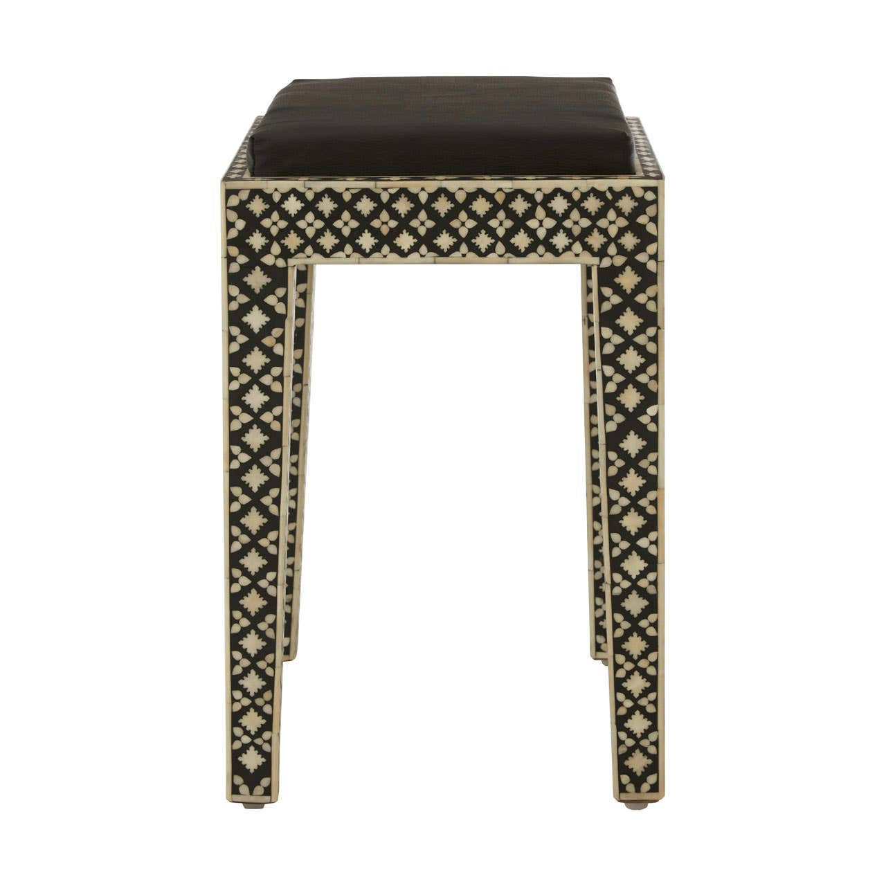 Boho black stool featuring a sleek, square top and intricately designed legs adorned with mother of pearl inlay, showcasing a geometric pattern. The stool has a minimalist aesthetic with a dark finish that highlights the decorative details