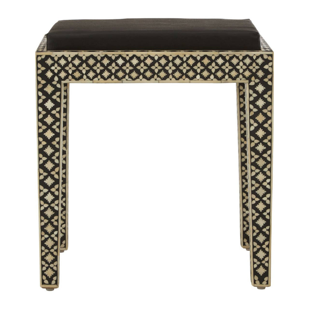 Boho black stool featuring intricate mother of pearl inlay designs on the sides, with a solid black top and four straight legs. The geometric patterns create a striking contrast against the black finish, adding a touch of elegance to any space