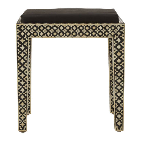 Boho black stool featuring intricate mother of pearl inlay designs on the sides, with a solid black top and four straight legs. The geometric patterns create a striking contrast against the black finish, adding a touch of elegance to any space