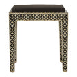 Boho black stool featuring intricate mother of pearl inlay designs on the sides, with a solid black top and four straight legs. The geometric patterns create a striking contrast against the black finish, adding a touch of elegance to any space