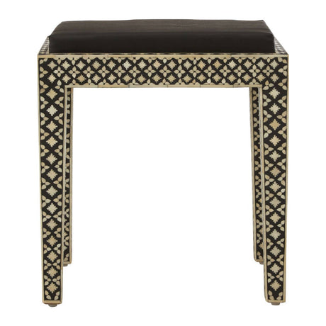 Boho black stool featuring intricate mother of pearl inlay designs on the sides, with a solid black top and four straight legs. The geometric patterns create a striking contrast against the black finish, adding a touch of elegance to any space