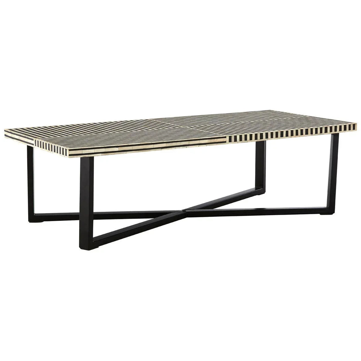 Rectangular striped coffee table with black metal legs and modern geometric base design