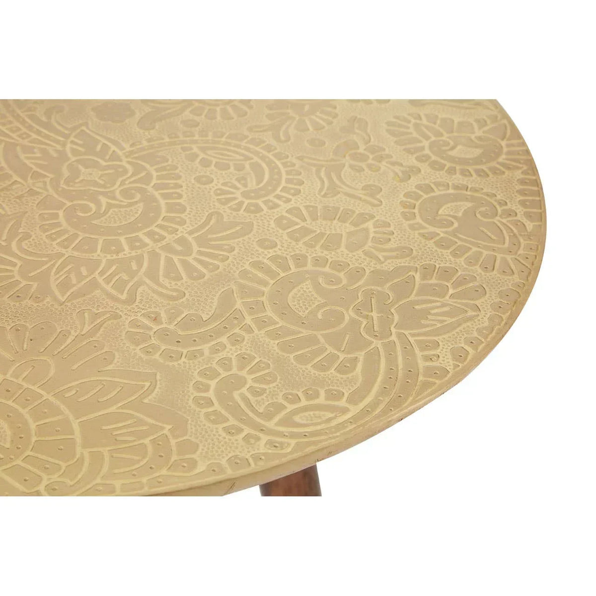 Round metal coffee table with embossed floral pattern and gold finish