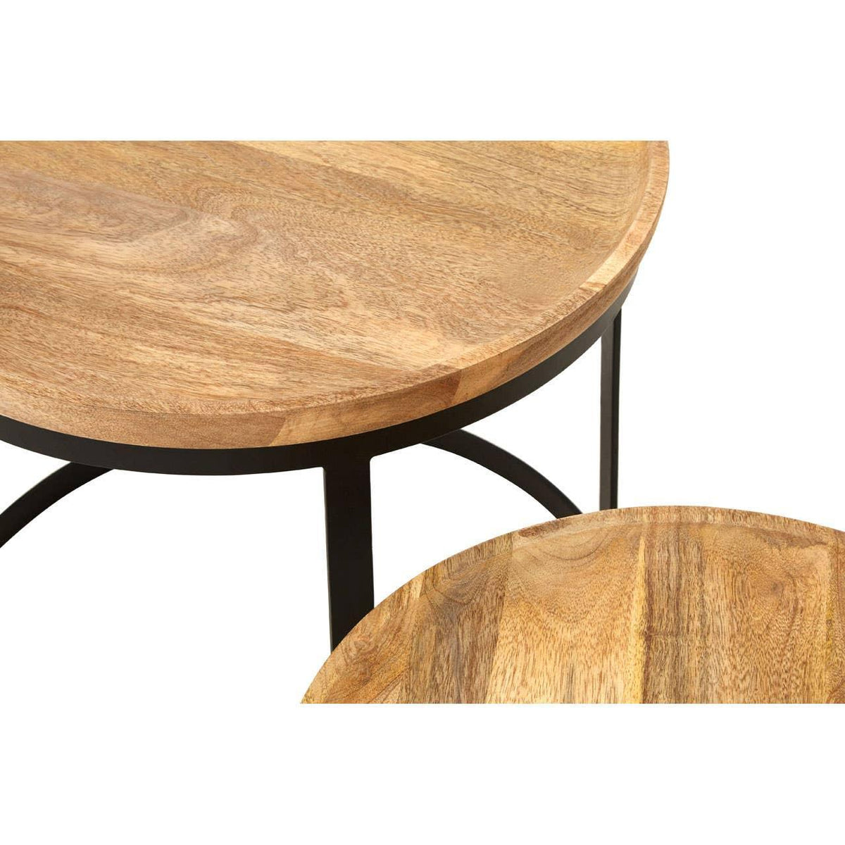 Round wooden nested tables with black metal legs close-up