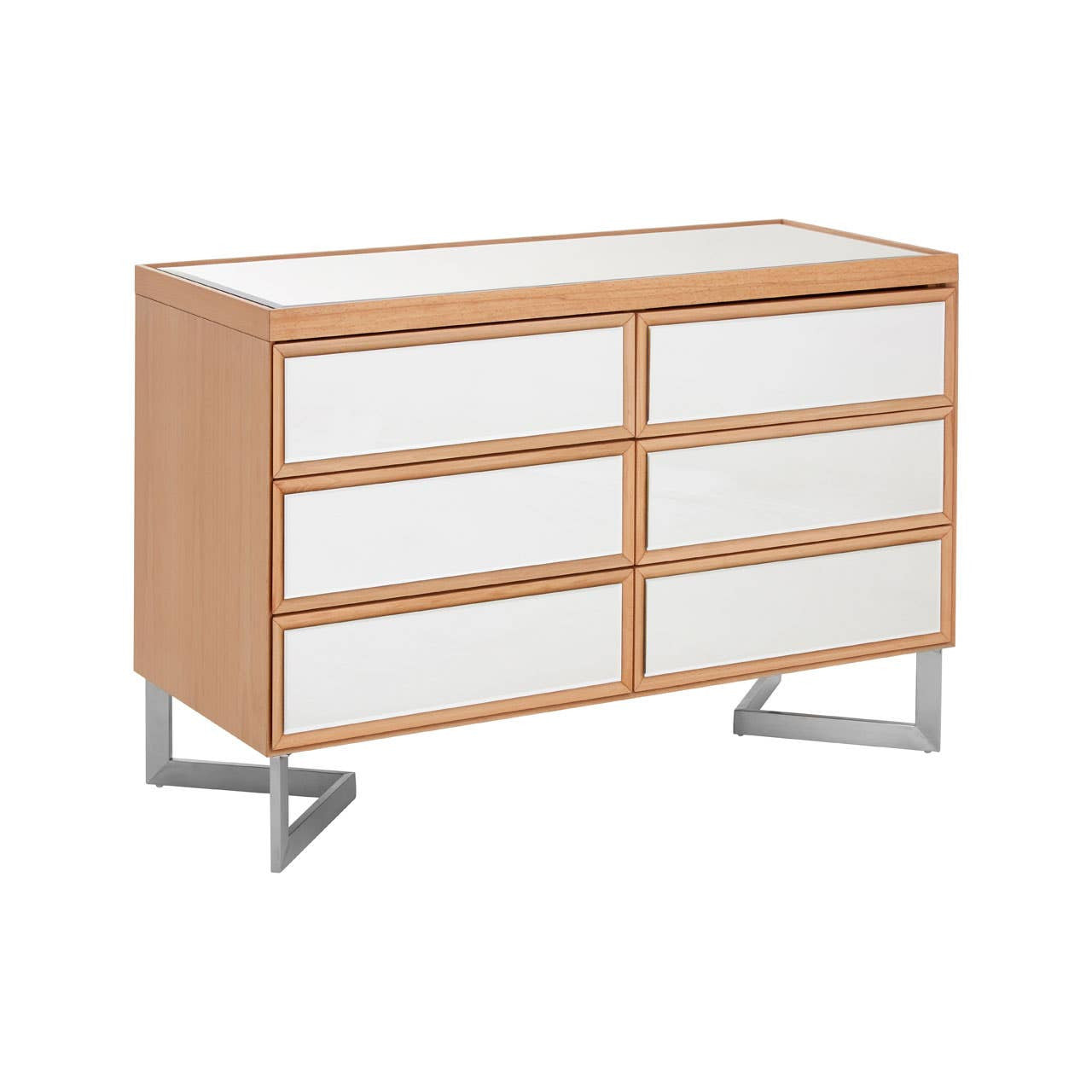 Kensington Townhouse 6 Drawer Chest featuring a light wood finish with six spacious drawers, each with a sleek white front, and supported by modern silver metal legs