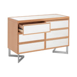 Kensington Townhouse 6 Drawer Chest featuring a light wood finish with six drawers, four of which are white and two are partially open, showcasing a sleek modern design. The chest is supported by stylish metal legs, adding a contemporary touch to the overall look
