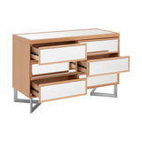 A modern six-drawer chest featuring a light wood finish with white drawer fronts and sleek metal legs. The chest has a clean, minimalist design, with three drawers on each side, showcasing a contemporary aesthetic suitable for various home decor styles