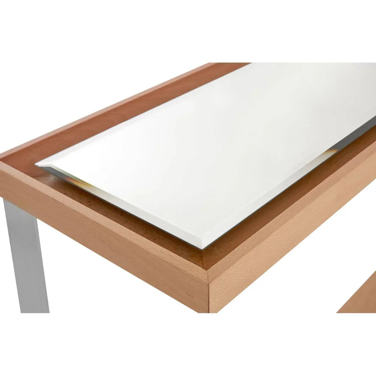 Corner detail of modern wooden console table with white glass top insert