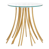 Round glass dining table with gold metal base and modern curved legs