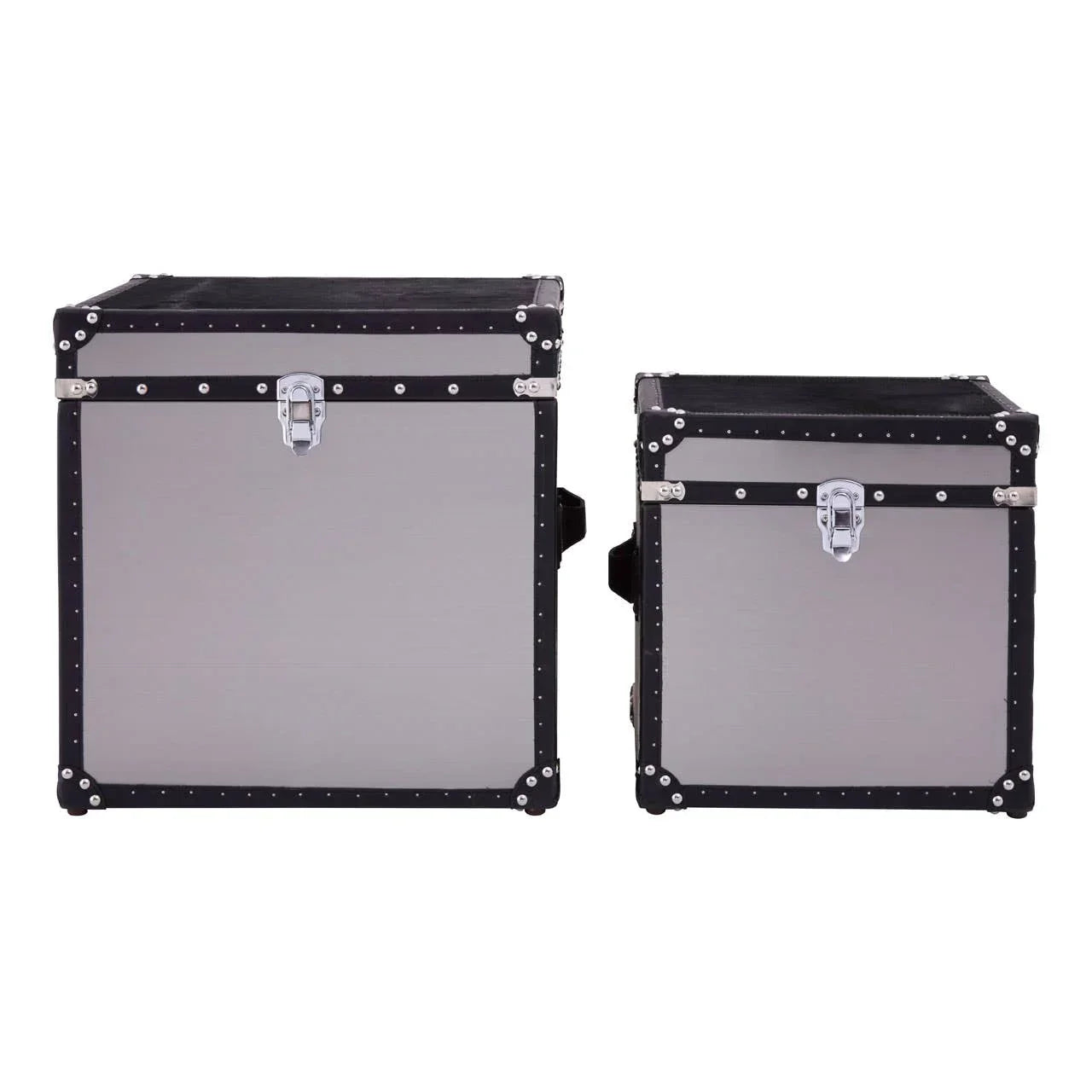 Set of two silver storage trunks with black trim and metal latch closures