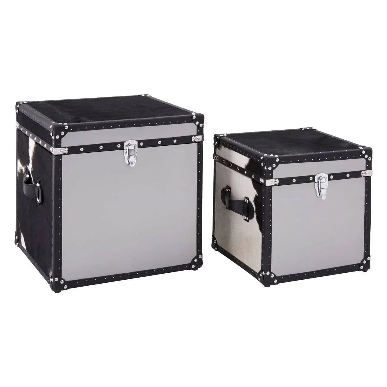 Set of two black and silver storage trunks with handles and metal corner details