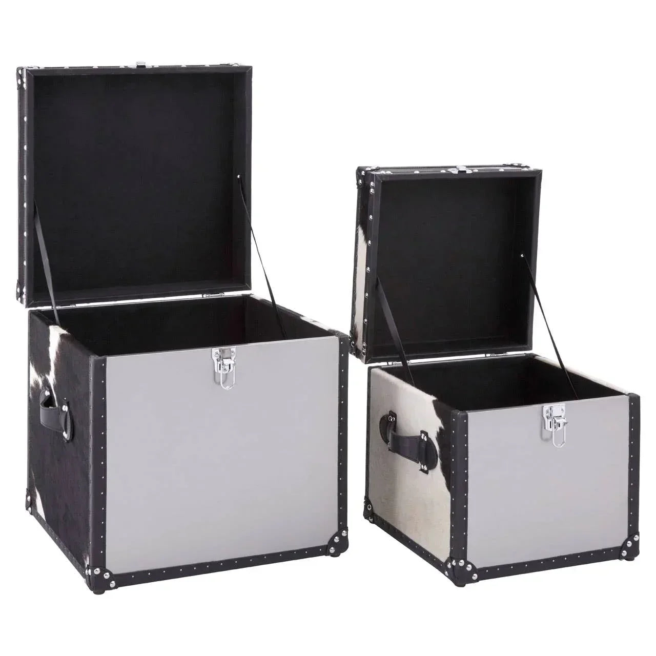 Pair of storage trunks with black handles and open lids, showing spacious interior