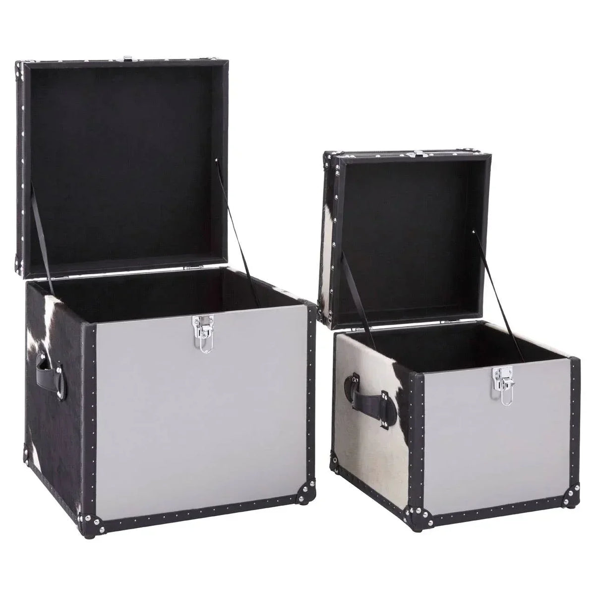 Pair of storage trunks with black handles and open lids, showing spacious interior