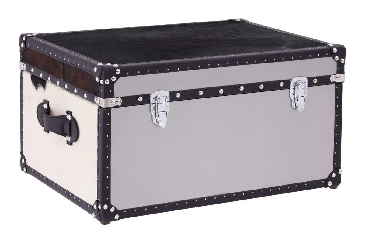 Rectangular storage trunk with black leather trim, metal studs, chrome latches, and side handles