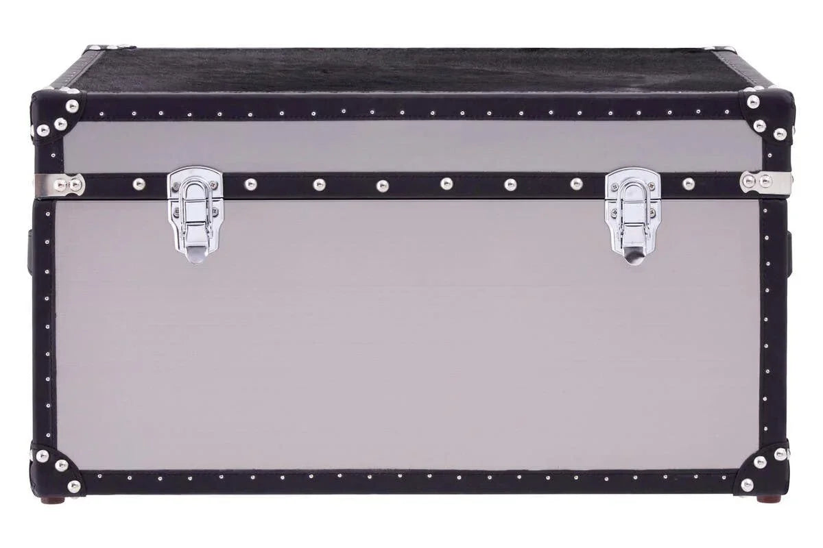 Silver storage trunk with black trim and chrome latches, front view