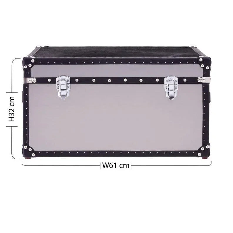 Silver storage trunk with black trim and metal clasps, dimensions 61x46x32cm shown front view