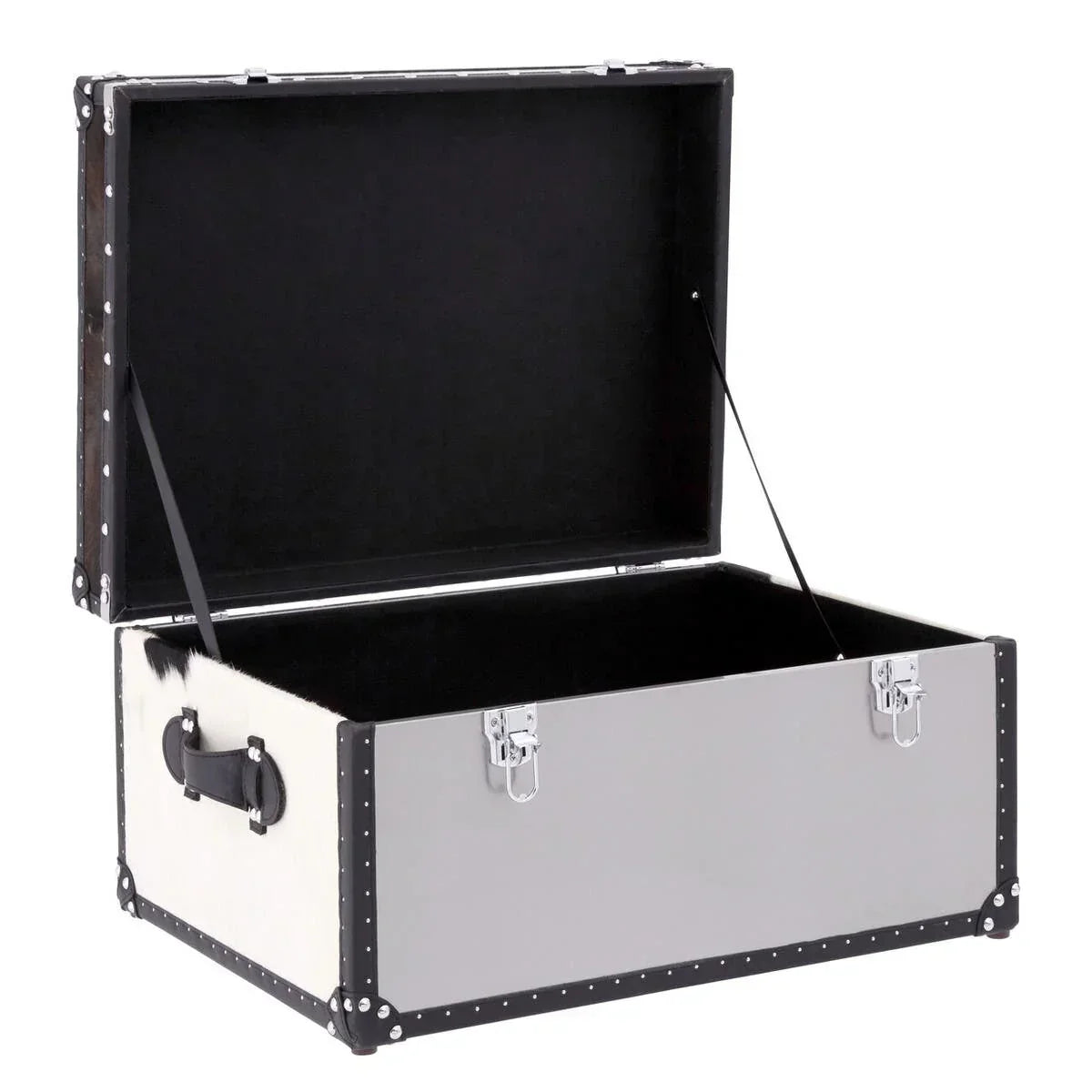 Grey storage trunk with open lid, metal latches and black corner trim