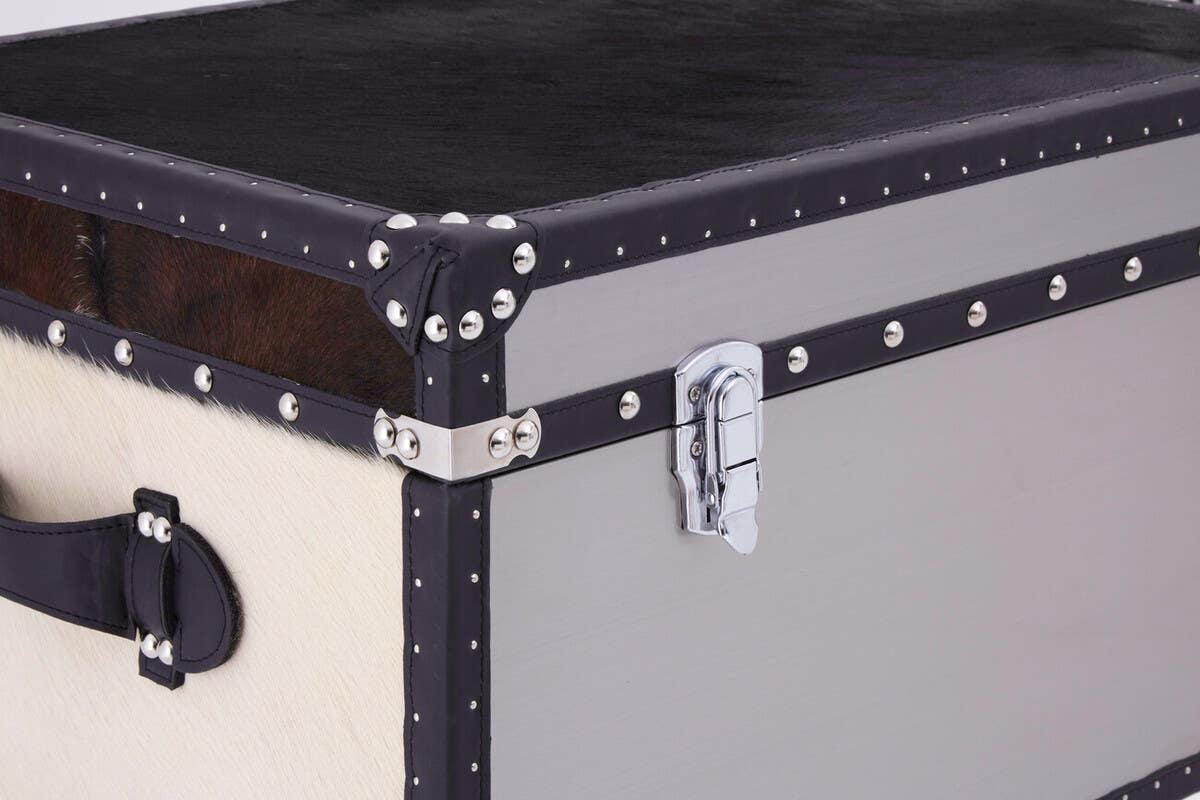 leather storage trunk with chrome latch and studded detailing, black and white finish