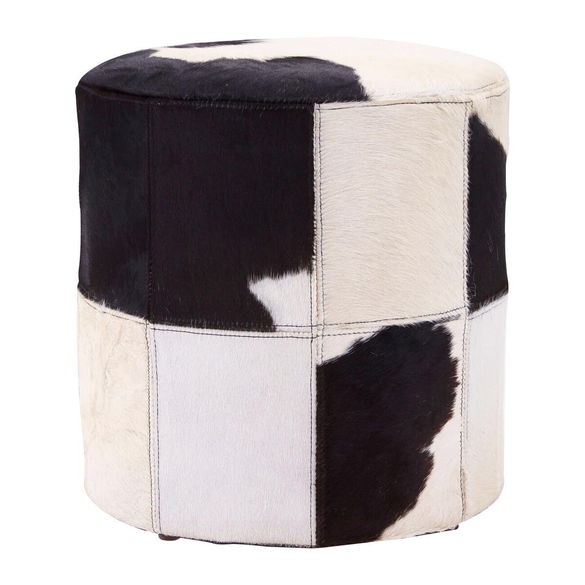 Round stool featuring a patchwork design of black and white hair-on leather, with a smooth top and sturdy base, suitable for various home decor styles