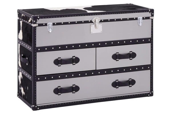 Black and white hair-on-leather cabinet featuring three spacious drawers with decorative handles, set against a sleek black frame. The cabinet has a modern design with a stylish finish, suitable for home decor