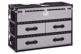 Black and white hair-on-leather cabinet featuring three spacious drawers with decorative handles, set against a sleek black frame. The cabinet has a modern design with a stylish finish, suitable for home decor