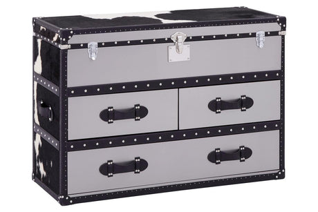 Black and white hair-on-leather cabinet featuring three spacious drawers with decorative handles, set against a sleek black frame. The cabinet has a modern design with a stylish finish, suitable for home decor