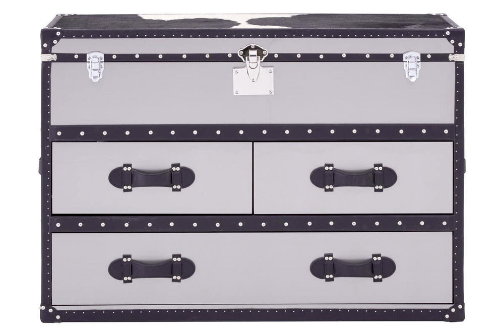 Three-drawer cabinet featuring a black and white hair-on-leather design, with decorative metal accents and handles. The cabinet has a sleek, modern look, suitable for home decor