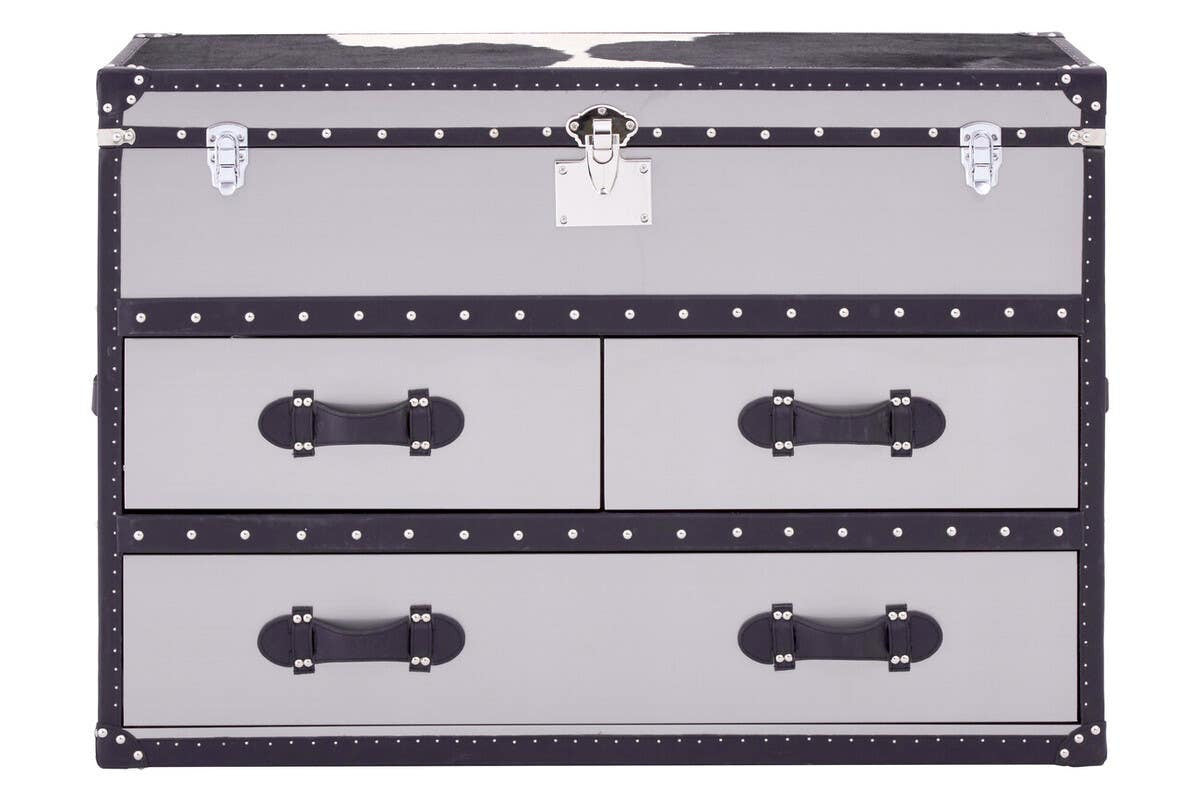 Three-drawer cabinet featuring a black and white hair-on-leather design, with decorative metal accents and handles. The cabinet has a sleek, modern look, suitable for home decor