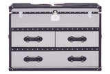 Three-drawer cabinet featuring a black and white hair-on-leather design, with decorative metal accents and handles. The cabinet has a sleek, modern look, suitable for home decor