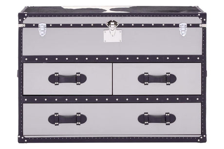 Three-drawer cabinet featuring a black and white hair-on-leather design, with decorative metal accents and handles. The cabinet has a sleek, modern look, suitable for home decor