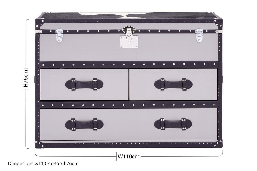 Three-drawer cabinet featuring a black and white hair-on-leather design with a sleek, modern aesthetic. The cabinet has a smooth top surface and decorative handles on each drawer, showcasing a stylish contrast between the leather texture and the cabinet's overall structure