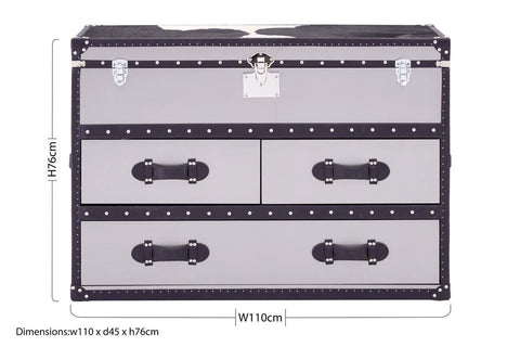 Three-drawer cabinet featuring a black and white hair-on-leather design with a sleek, modern aesthetic. The cabinet has a smooth top surface and decorative handles on each drawer, showcasing a stylish contrast between the leather texture and the cabinet's overall structure