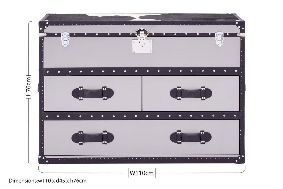 Three-drawer cabinet featuring a black and white hair-on-leather design with a sleek, modern aesthetic. The cabinet has a smooth top surface and decorative handles on each drawer, showcasing a stylish contrast between the leather texture and the cabinet's overall structure