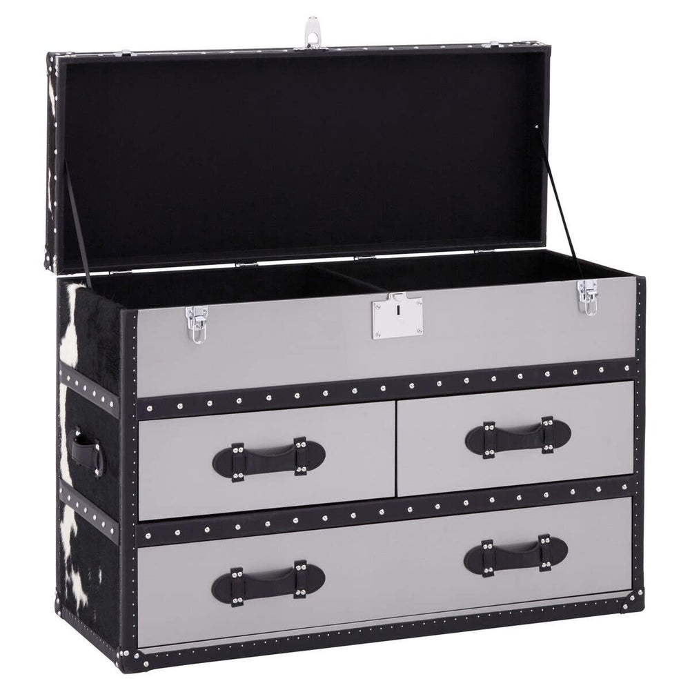 Black and white hair-on-leather cabinet featuring three drawers with decorative handles, a hinged top that opens to reveal additional storage space, and a sleek, modern design suitable for home decor