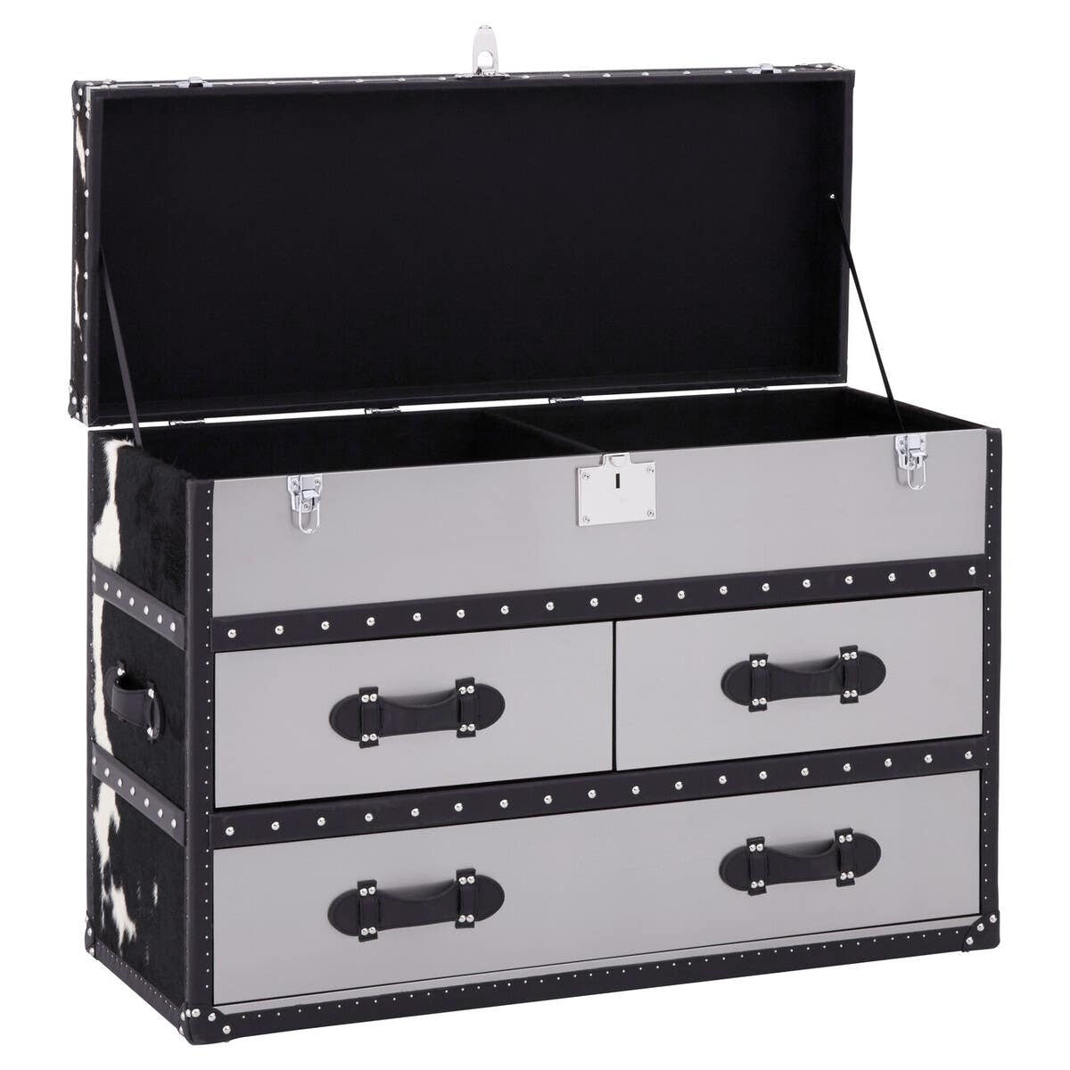 Black and white hair-on-leather cabinet featuring three drawers with decorative handles, a hinged top that opens to reveal additional storage space, and a sleek, modern design suitable for home decor