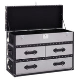 Black and white hair-on-leather cabinet featuring three drawers with decorative handles, a hinged top that opens to reveal additional storage space, and a sleek, modern design suitable for home decor