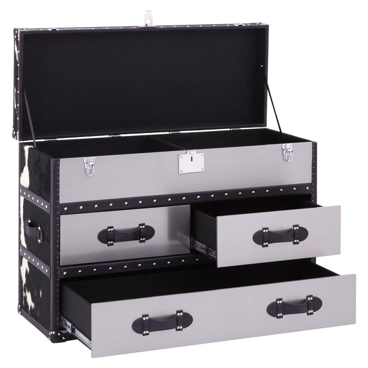 Black and white hair-on leather cabinet featuring three spacious drawers with stylish handles, a sleek design, and a top compartment that opens for additional storage. The cabinet is set against a neutral background, highlighting its modern aesthetic