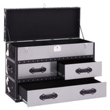 Black and white hair-on leather cabinet featuring three spacious drawers with stylish handles, a sleek design, and a top compartment that opens for additional storage. The cabinet is set against a neutral background, highlighting its modern aesthetic