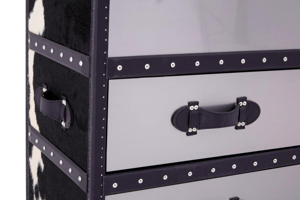 Three-drawer cabinet featuring a black and white hair-on-leather design, with a sleek, modern aesthetic. The cabinet has a glossy finish, accented by decorative nailhead trim and sturdy black handles on each drawer. The overall look is stylish and contemporary, suitable for various home decor styles