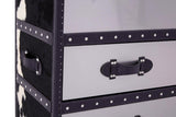 Three-drawer cabinet featuring a black and white hair-on-leather design, with a sleek, modern aesthetic. The cabinet has a glossy finish, accented by decorative nailhead trim and sturdy black handles on each drawer. The overall look is stylish and contemporary, suitable for various home decor styles