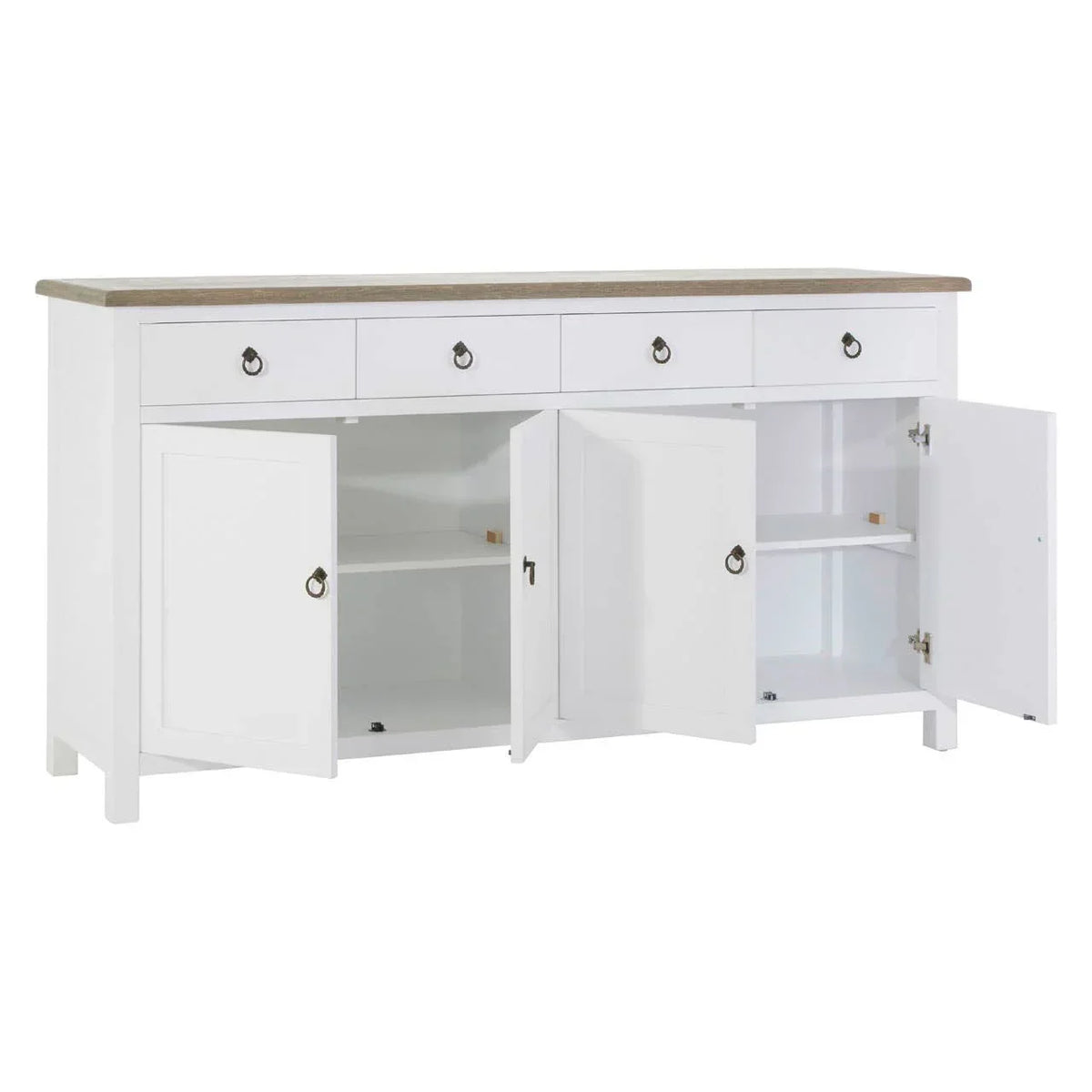 White sideboard with wood top, three drawers, and four open cupboard doors revealing shelves