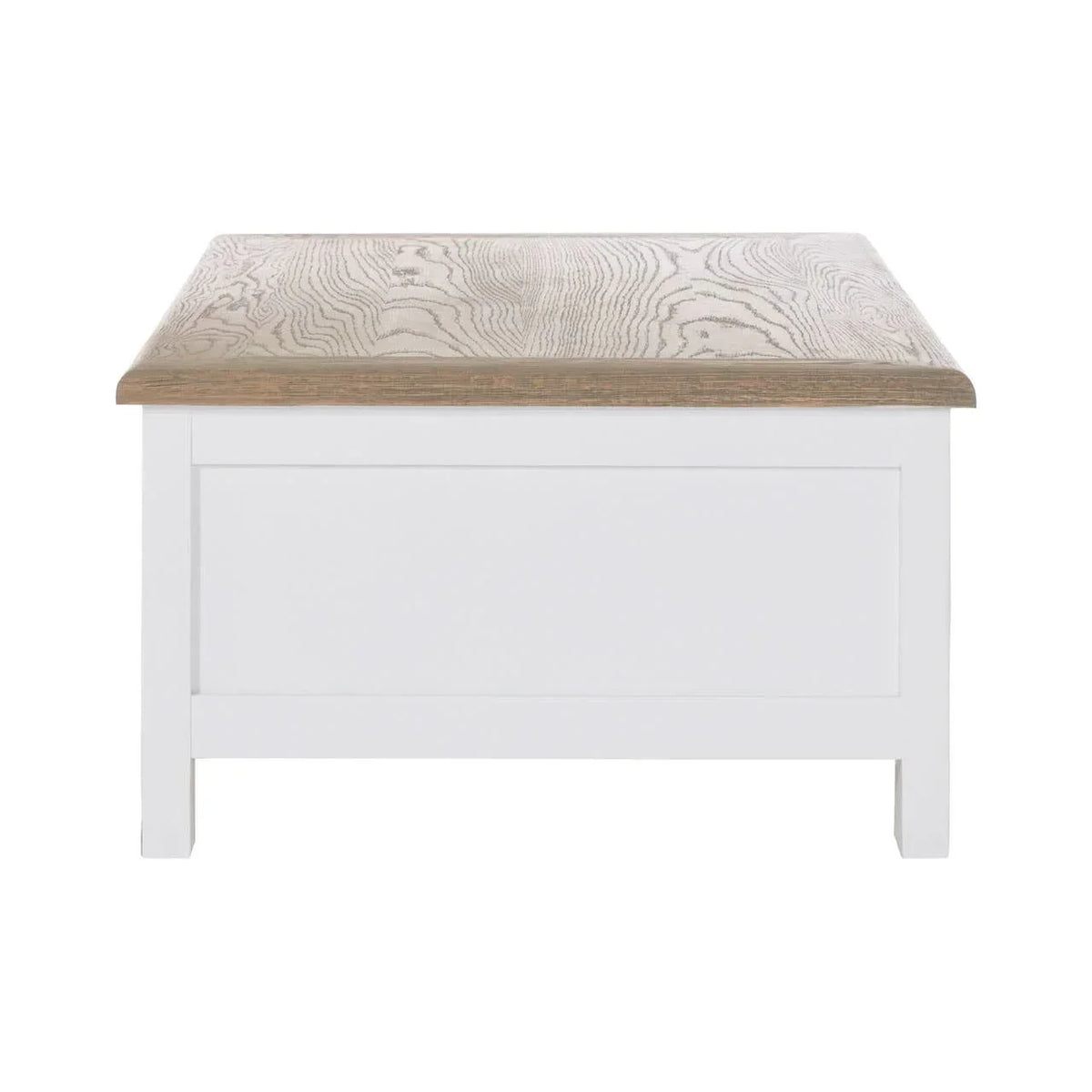 White wooden blanket box with oak finish lid, front view, panel detail visible